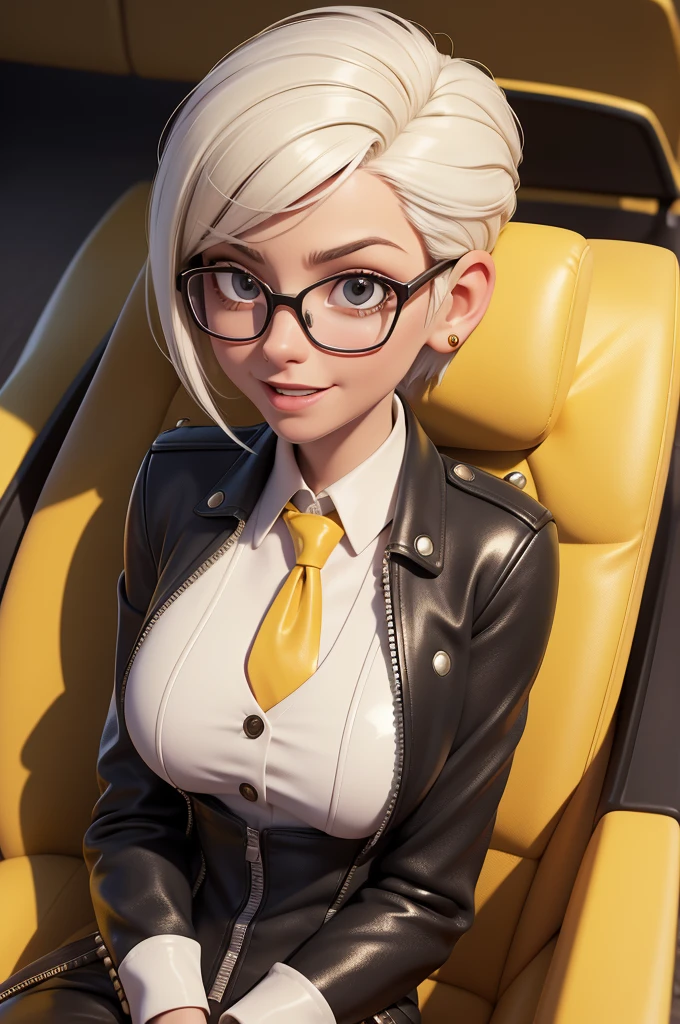obra prima, melhor qualidade, (lauren boebert 70yo) head back, big side smile, open mouth, short bleach white punk hair, black plastic glasses, pilot outfit, business blouse, necktie, (shiny mustard yellow leather,) studs zippers snaps, shiny leather gloves, body is skinny, reclining in car seat, arched back, hips twisted, overhead camera view, looking down at me, shallow depth of field, highres, HD, 8k, anatomically correct