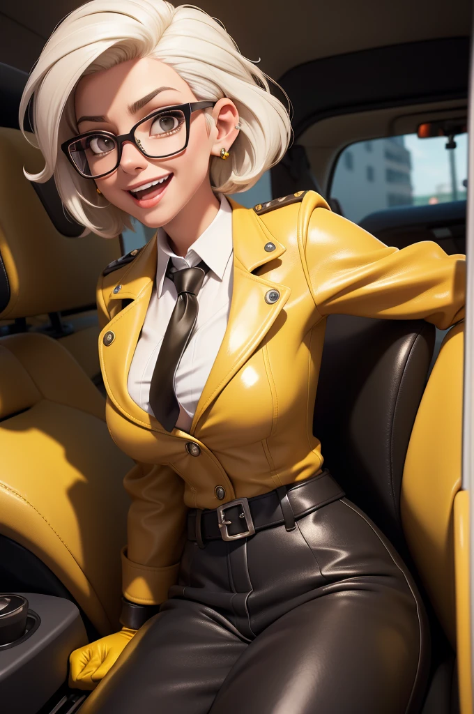 obra prima, melhor qualidade, (kat timpf 70yo) head back, big side smile, open mouth, short bleach white punk hair, black plastic glasses, leather bolero jacket, unbuttoned leather blouse, nipples, (shiny mustard yellow leather,) studs zippers snaps, shiny leather gloves, body is skinny, reclining in car seat, arched back, hips twisted, stick shift, overhead camera view, looking down at me, shallow depth of field, highres, HD, 8k, anatomically correct
