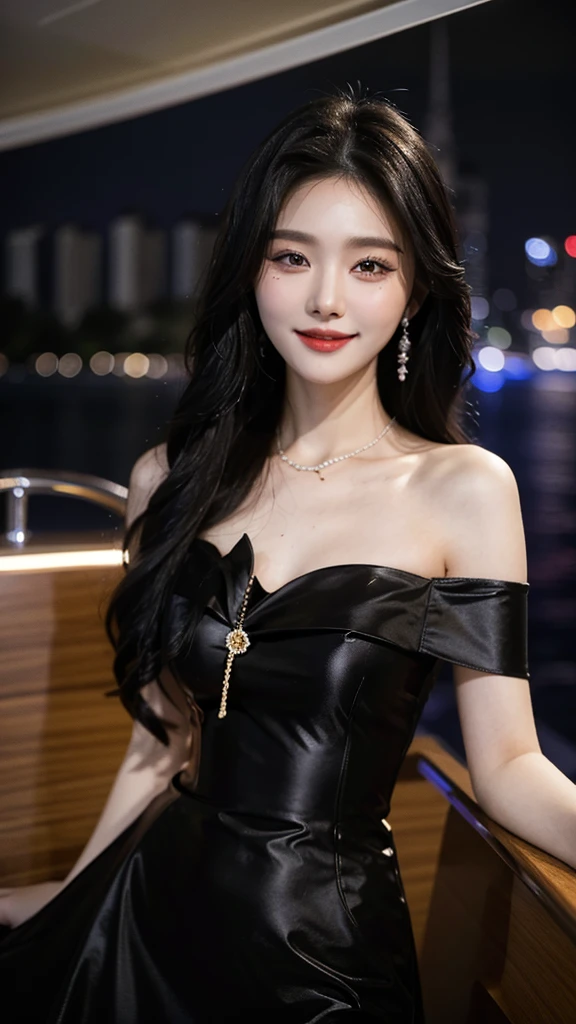 A sweet girl by the yatch black luxury，voluminous hair，Delicate face，Photorealsitic，of a real，largeaperture，wears a black dress luxxury ，A cropped dress，Off-the-shoulder，A dress around the neck，Slim，smiles，Ultra-high resolution, Blurred background