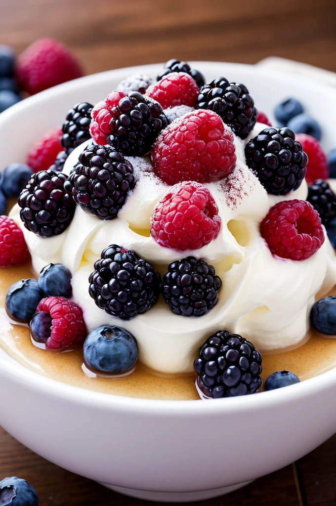 blackberries、A photo of a delicious looking dessert made with freshly picked berries such as blueberries.、High resolution、4K、Make it realistic。