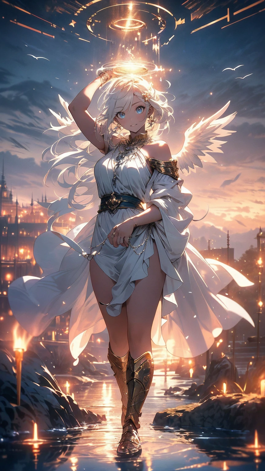 Callista, a 55-meter giant elf, emerges from an enchanted portal at dusk, her alabaster skin glowing in the moonlight. Her long golden hair falls in soft curls over her shoulders and back. Standing in a mystical meadow, her posture is graceful and seductive, one leg slightly bent, one hand caressing a flower while the other rests on her hip. Her eyes, full of wisdom and desire, gaze at the tiny humans at her feet, mesmerized by her ethereal presence. Her lips curl in a mischievous smile and her body, sculpted with grace and natural perfection, radiates an aura of enchanting eroticism, enveloping all present in a spell of submission and mystical awe.
