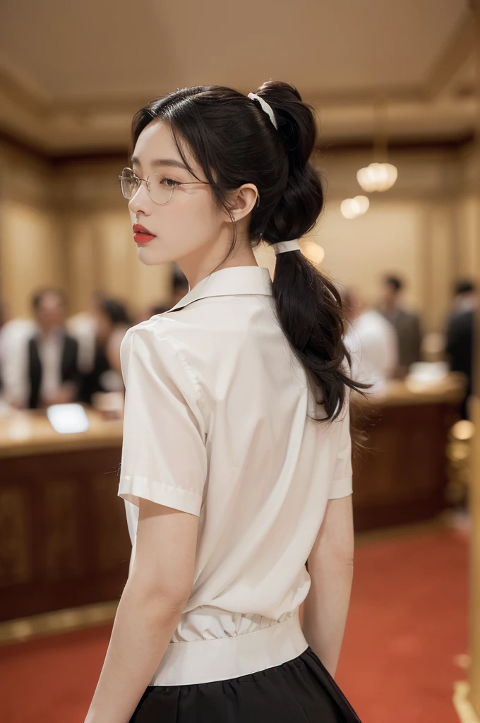 ((((8k))),((Extremely meticulous CG)) ,(wallpaper),16k,((Extremely refined and beautiful)),(((Masterpiece))),(((best qualtiy))),(((Ultra High Resolution))),beautiful light up,Perfect lightning,realistic shaded,(Smooth and flawless skin:1.5),(Extremely exquisite facial details:1.2),(perfect body:1.2),(ultra-detailed),((A beautiful girl,solo)),(small head:1.2),(pale skin:1.3),(short ponytail:1.3),(small face:1.2),(baby face:1.3),(glasses:1.2),(Exquisite makeup:1.2),(red lips:1.2),(parted lips:1.2),((slim,thin)),(disgusted expression:1.5),(short sleeves:1.2),(crystal necklace:1.2),(collared white uniform shirt:1.5),(towering hips:1.3),( crack:1.3),(black short miniskirt:1.3),(underwear:1.3),(black pant:1.5),(slender legs:1.2),(indoor:1.3),(summer:1.3),(detailed background:1.5),(standing:1.3),(arms behind back:1.2),(upper body:1.3),(from back:1.3),(day scene:1.5),(In a luxurious Hall:1.5),(bright and vivid colors:1.3),(surrounded by crowded crowds:1.3),Exchange, stock, trading floor, bustling, vibrant, large open space, polished floor, high ceilings, monitors, real-time market data, phones ringing, traders talking, efficient operation, trading desks, brokers booths, senior staff offices, equipped computers, telephones, raised platform, pit, brokers, dealers, activity, hushed tones, personnel, roles, responsibilities, traders, suits, monitoring screens, market movements, brokers, negotiation, clients, dealers, execution, efficiently effectively, organized space, buying selling stocks