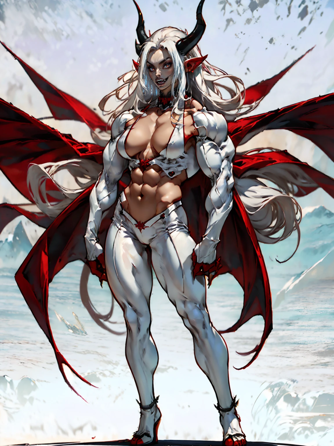 (megan fox), ((((((1 muscular demon girl)))))), (((huge upper body))), long hair, ((((huge demon wings))), (((pale skin))), (((sharp teeth, Huge horns, large nails))), navel, ((((full body front view))))