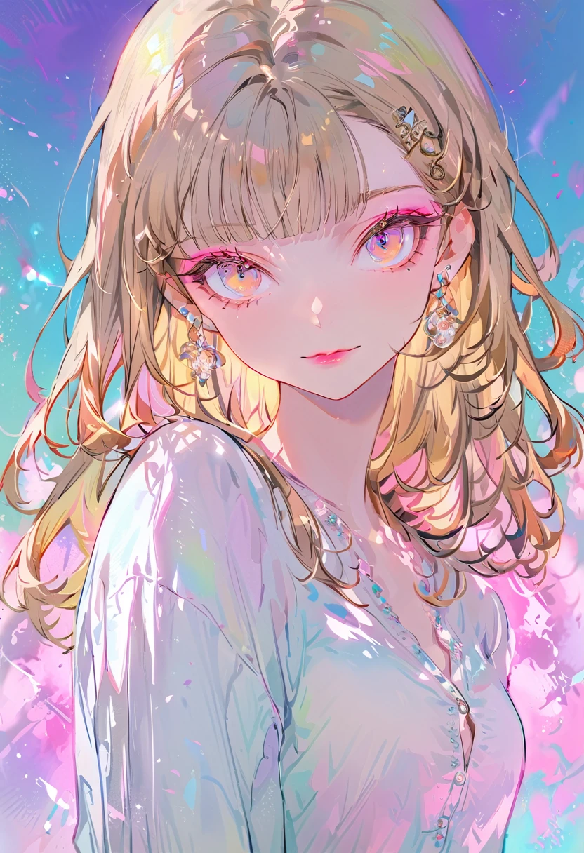 (highest quality,Super detailed,High resolution:1.2),Beautiful girl with a perfect face,very_Long eyelashes, Detailed lips, A radiant smile, Soft Skin, Shiny Hair,Vivid sky background,Exquisite makeup,French linen shirt,Shorts,Heavy bangs,Cool look,