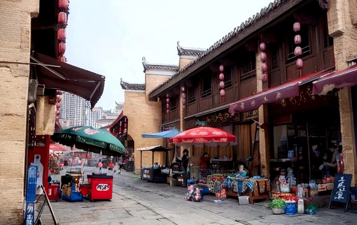 Allafur Street,There are various shops and umbrellas on the roadside, wet market street, Guangjian, Market environment, old town, Chinese Cultural Heritage, Chinese Architecture, Neat and dense buildings, qiangshu, Taoist temple and monks, Wide-angle lens, Wide-angle lens, Chinese Village, Dreamy Chinatown, Tang Dynasty Palace, market stall