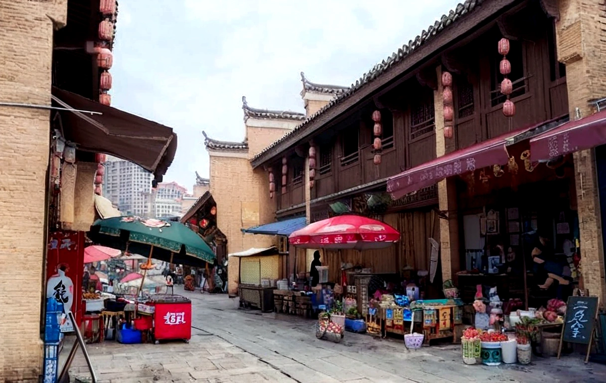Allafur Street，There are various shops and umbrellas on the roadside, wet market street, Guangjian, Market environment, old town, Chinese Cultural Heritage, Chinese Architecture, Neat and dense buildings, qiangshu, Taoist temple and monks, Wide-angle lens, Wide-angle lens, Chinese Village, Dreamy Chinatown, Tang Dynasty Palace, market stall