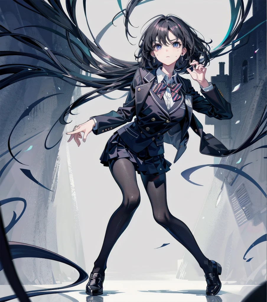 full body, solo, alone, perfect anatomy, correct body, ideal ratio of body proportions, tearful mole, earring, medium hair, black hair, medium tits, school_uniform, blazer, ((school)),