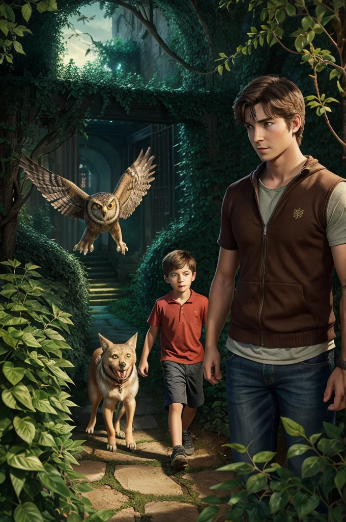 a young boy named Oliver and his loyal dog named Max, navigate through a maze of thorny bushes. Athena the owl hovers nearby, guiding them. The bushes look menacing, but Oliver and Max are determined. create image.