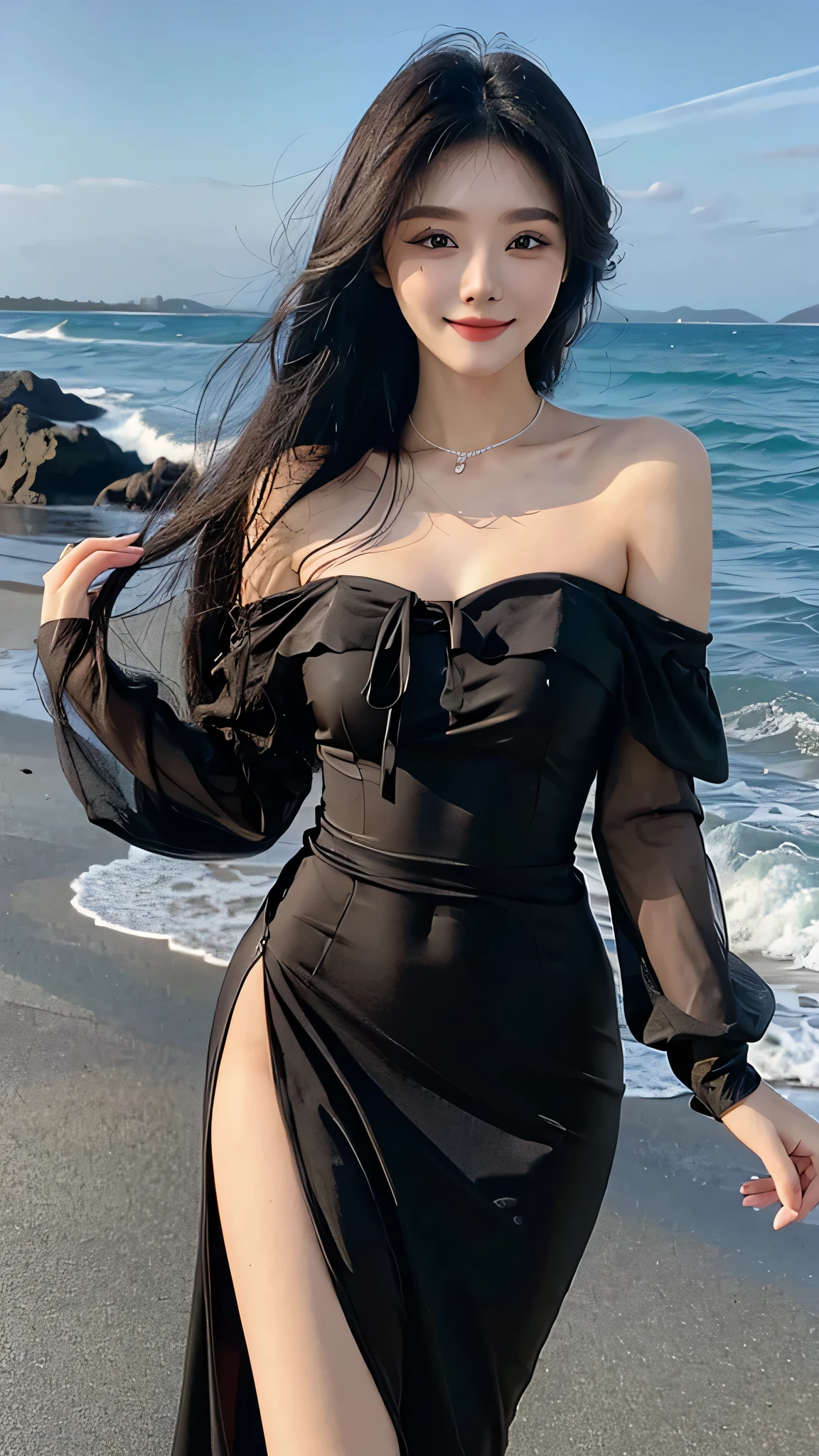 A sweet girl by the beach，voluminous hair，Delicate face，Photorealsitic，of a real，largeaperture，wears a black dress，A cropped dress，Off-the-shoulder，A dress around the neck，Slim，smiles，Ultra-high resolution