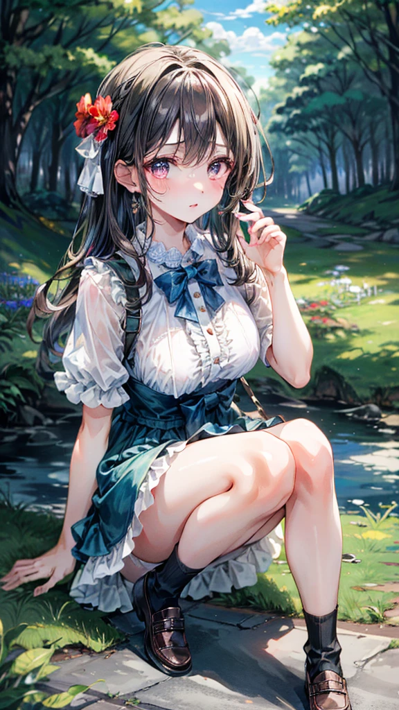 (Best quality, 8k, 32k, Masterpiece, UHD,:1.2),RAW, human, 1girl,ultra cute , ultra cute, natural lighting,transparent shining eyes, 20yo,medium breast ,femur, fair complexion , flushed face, a knee-length, full skirted dress featuring a delicate floral print , BREAK, Layer with a ruffled petticoat