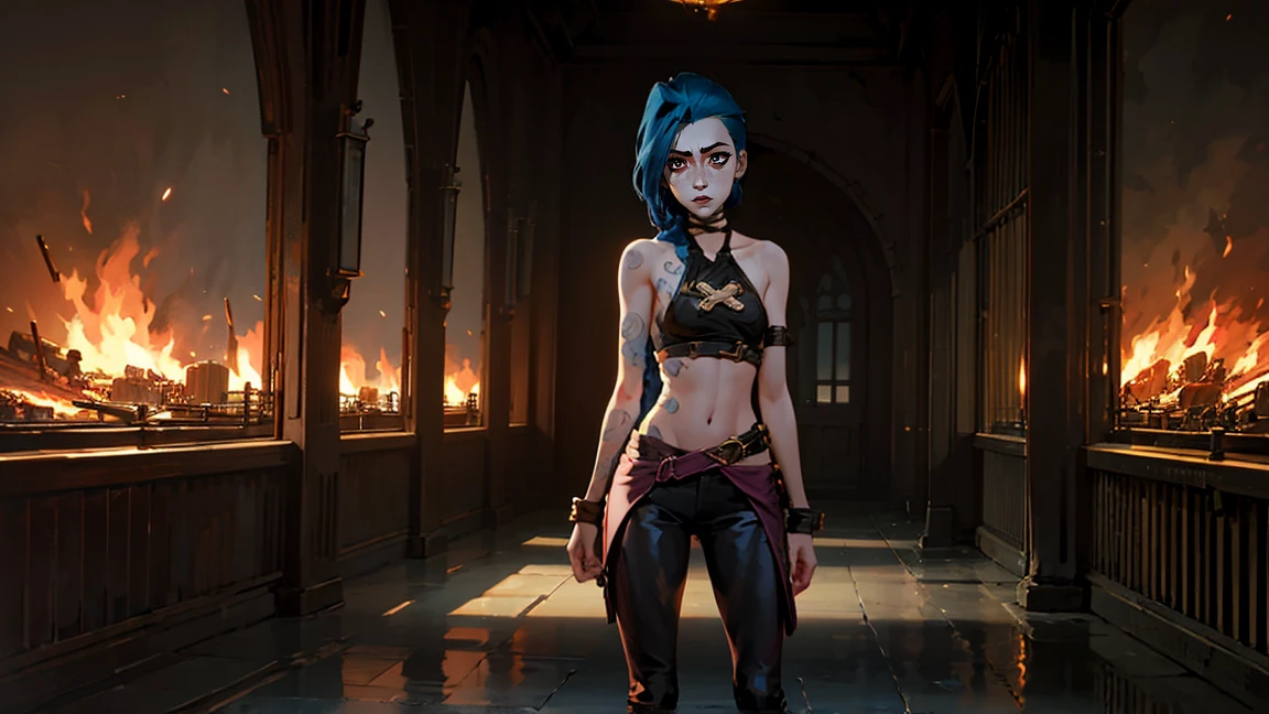 (masterpiece, Best quality), 1 Girl, portrait, very sexy, crazy look, smile, crying, pink tears, tears on the cheeks, tears from eyes, full length (full body 1.1.), очень feminine, fighting stance, battle, fire, explosions, burning city, beautiful waist, gloomy composition, flame, fire, Flash, very beautiful, feminine, long hair, hair braided in long braids, very sexy, tight leather pants, emphasis on the eyes, face accent, Beautiful face, Hands, Hair, Haired ponytail, red purple eyes, Джинкс crying, Blue cloud tattoo, (masterpiece, Best quality), Side lighting, beautiful detailed eyes, crazy face), (Best quality), (masterpiece), magic photography, Spectacular lighting, Photorealism, ultra detailed, интимная portraitная композиция, 1. 4,8K UHD, aesthetic, Cd., a high resolution, 8K, better lighting, Best shade, Ultra-HD, a high resolution, sharp focus, complex background, cinematic lighting, ((Landscape view)), 4K block, (better lighting), ((cinematic lighting)),