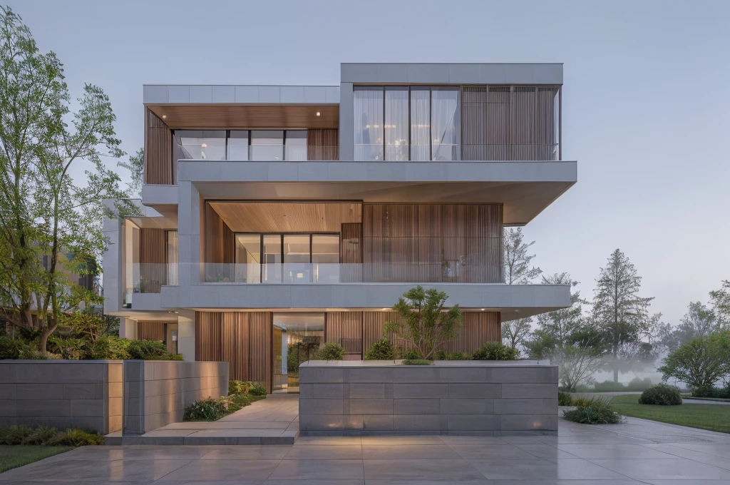 RAW photo, Exterior of two story white modern house, (road:1.3), (sidewalk:1.3), (sidewalk trees:1.3), (residences area:1.4), dawn time, overcast, fog, tropical trees and plants, (high detailed:1.2), 8k uhd, dslr, soft lighting, high quality, film grain, Fujifilm XT3, (sharpen:1.5)