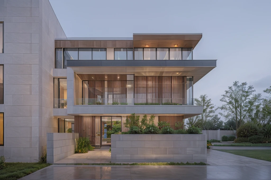 RAW photo, Exterior of two story white modern house, (road:1.3), (sidewalk:1.3), (sidewalk trees:1.3), (residences area:1.4), dawn time, overcast, fog, tropical trees and plants, (high detailed:1.2), 8k uhd, dslr, soft lighting, high quality, film grain, Fujifilm XT3, (sharpen:1.5)