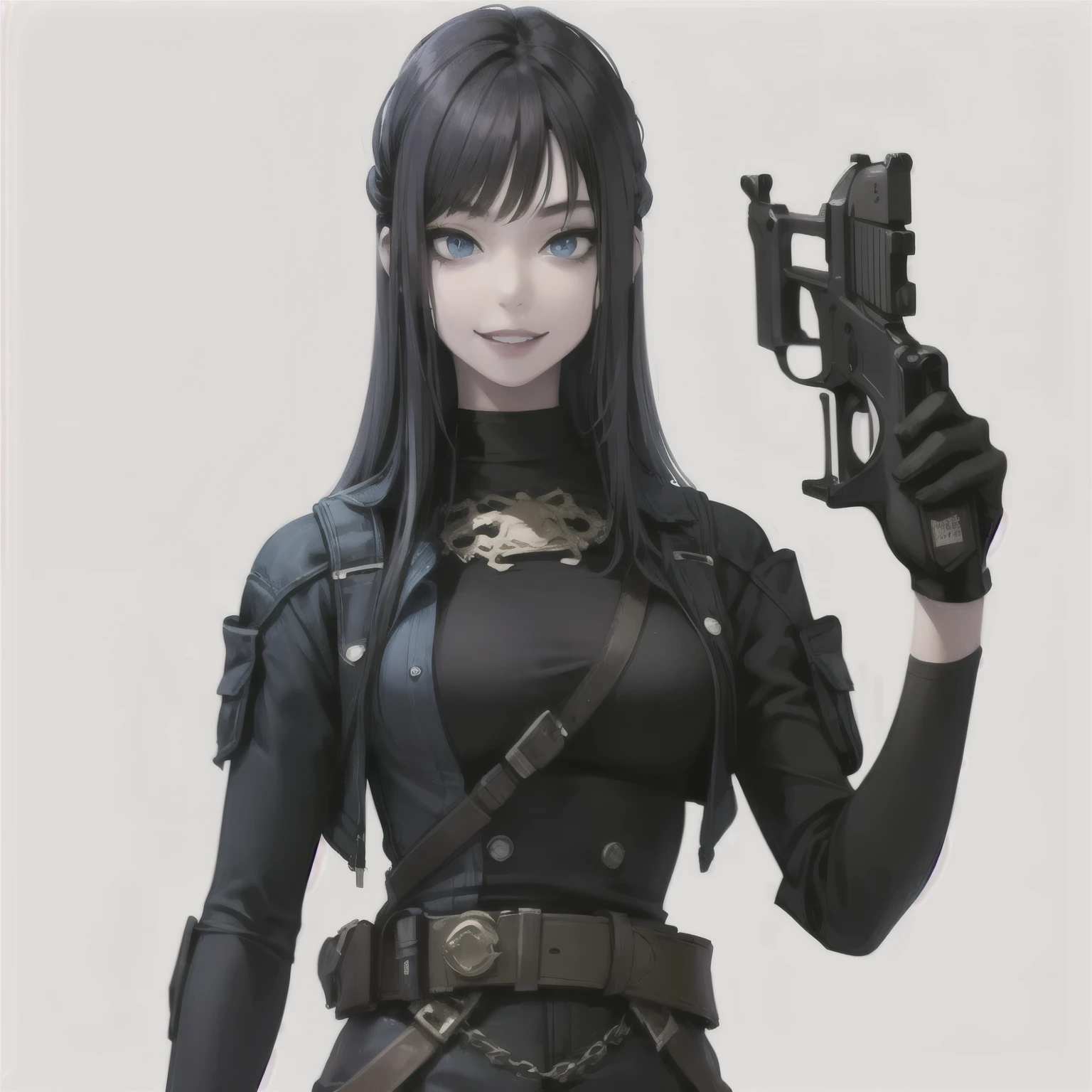 Warrior woman holding gun, blue eyes, smiling, detailed face, in back alley