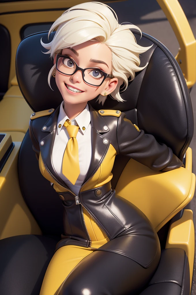 obra prima, melhor qualidade, (lauren boebert 70yo) head back, big side smile, open mouth, short bleach white punk hair, black plastic glasses, pilot outfit, business blouse, necktie, (shiny mustard yellow leather,) studs zippers snaps, shiny leather gloves, body is skinny, reclining in car seat, arched back, hips twisted, overhead camera view, looking down at me, shallow depth of field, highres, HD, 8k, anatomically correct