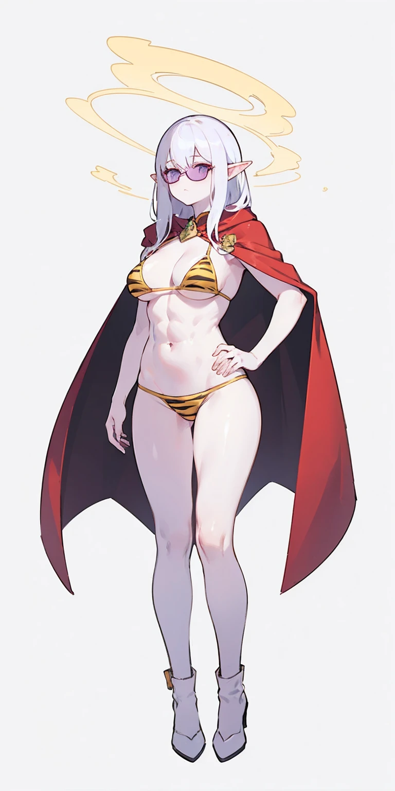 Full body, masterpiece, 1solofemale drow elf purple skin standing pose (yellow tiger bikini) red cape, red bikini, long white hair, strong body, abs, Ultra Quality, shiny skin, Atmospheric, 8K, Cinematic ((PLAIN WHITE background)) BREAK, sunglasses