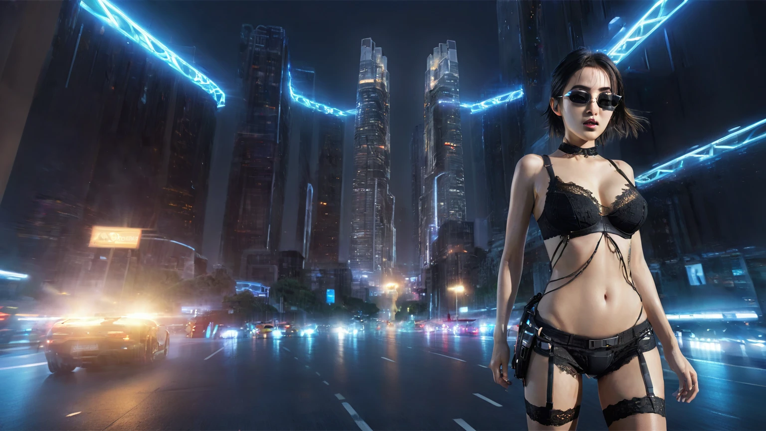 UE 5, computer render, Rendered by Octane, (8K, tmasterpiece), (realistically, Photo degree:1) luminescent concept art, (((((aerial view))))) of Cyberpunk city scene, ((Surreal circuit architecture)), (((((supercars street racing, 1 drone))))). Matrix style, (((((Matrix cascading code))))), (((((a futuristic twin tower skyscraper with a unique twisted design))))), (((((OLED GUI interfaces in the building))))), at night, (((((1girl, solo))))), photo realistic, (((large-breast:1.2 slim body, cleavage))), (((off torn mini sling-shirt and black lace sling bra, extreamly short pleated lace miniskirt exposing panty))), (((((running pose))))), (((((((matrix style black micro sunglasses))))))), ((((((((((aiming with a short gun)))))))))), (((((looking at camera))))), (((very low view))), (((((half-body thigh level medium shot))))), (((cinematic lighting))).