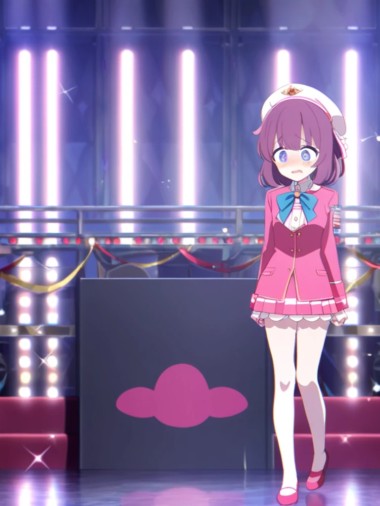 1 personの女の子、1 person、Standing on stage、Wearing a uniform、Feeling embarrassed、Dark pink hair、blue eyes