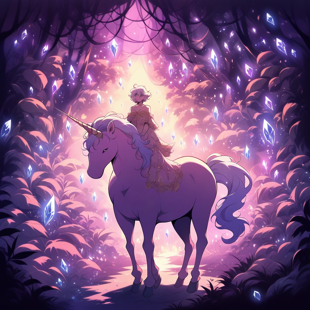 A unicorn standing in the middle of a magical forest,The moonlight illuminates its silvery white hair,Surrounded by glowing plants and crystals,dream,mystery,Illustration style