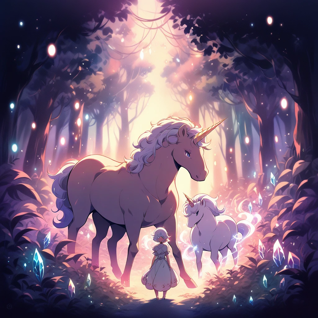 A unicorn standing in the middle of a magical forest，The moonlight illuminates its silvery white hair，Surrounded by glowing plants and crystals，dream，mystery，Illustration style