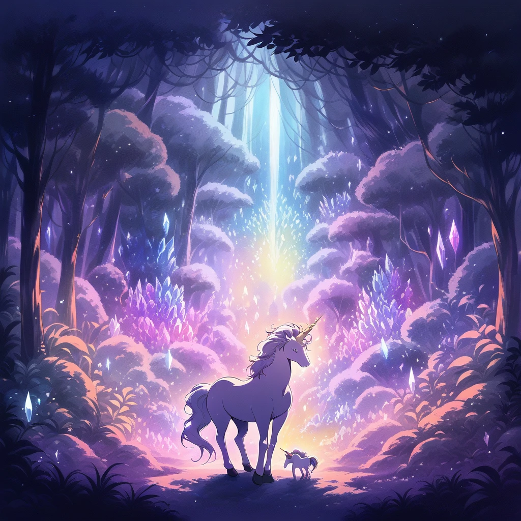 A unicorn standing in the middle of a magical forest,The moonlight illuminates its silvery white hair,Surrounded by glowing plants and crystals,dream,mystery,Illustration style