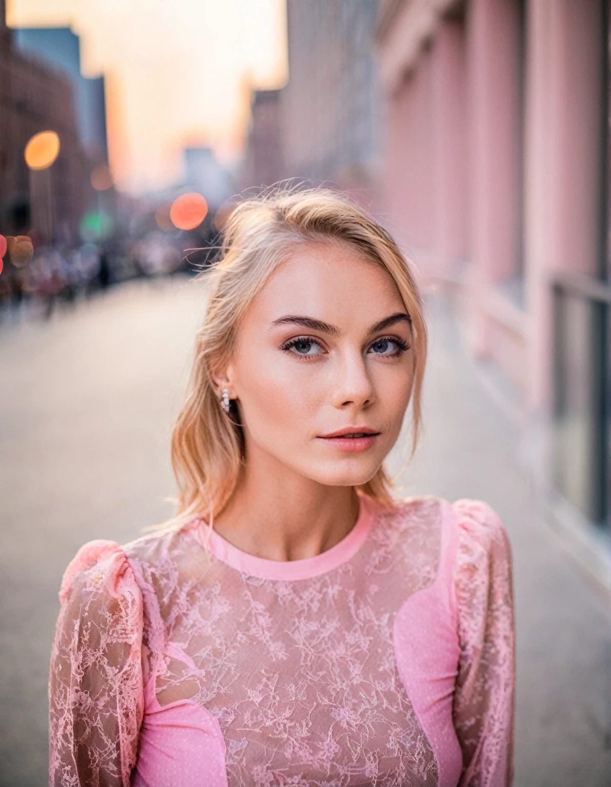 professional medium format 50 mm. (Close-up headshot portrait) photo of adorably gorgeous ((NancyAce woman)) in the city at dawn, Shot on Canon EOS R, Extreme bokeh, in a modest pink Dior blouse,