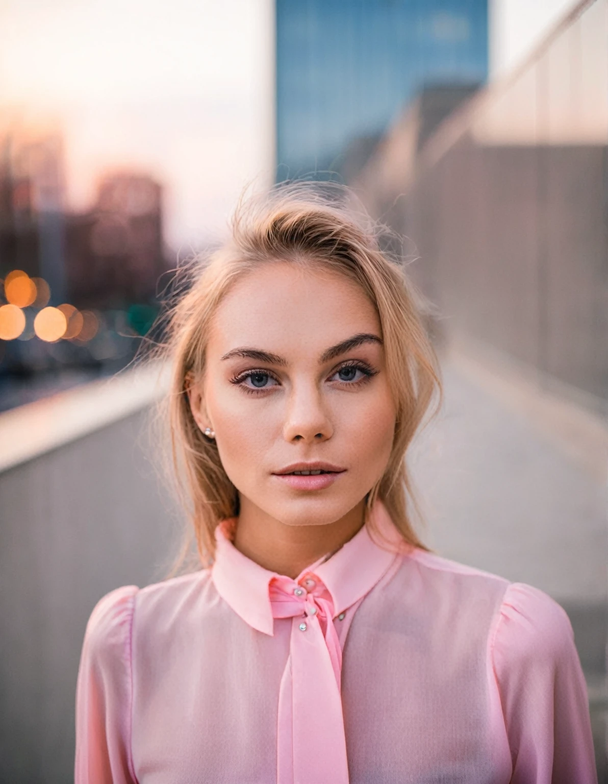 professional medium format 50 mm. (Close-up headshot portrait) photo of adorably gorgeous ((NancyAce woman)) in the city at dawn, Shot on Canon EOS R, Extreme bokeh, in a modest pink Dior blouse,