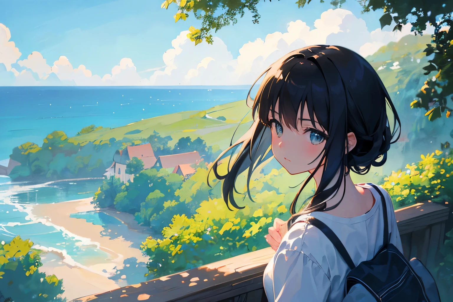 Create exquisite illustrations reminiscent of Makoto Shinkai's style, It has ultra-fine details and top-notch quality. Generate a high-quality illustration depicting a scene of summer where a beautiful girl's hair is blowing in the wind. Ensure that the overall composition exudes a sense of nostalgia and fantasy, with intricate details capturing the essence of a nostalgic summer day. Pay attention to elements such as the gentle breeze ruffling the girl's hair, the warm sunlight casting dappled shadows, and the serene expression on the girl's face as she enjoys the tranquility of the moment. Aim for a finely crafted artwork that transports viewers to a nostalgic and whimsical summer scene. best quality, masterpiece