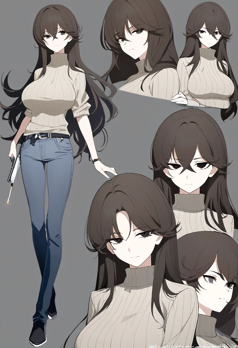 One Woman,Downer,older sister,Concept Art,Dark brown hair,Straight hair with slight inward curls,Staring eyes,Eye Ridge,black eye,Crossed bangs,whole body,smile,Larger breasts,Gray background,Bangs that reach down to the eyes,Messy hair,Perfect dark jeans,Light brown turtleneck sweater,Multiple views of the same character,Character Design,Dark circles under the eyes,Bad look,Listless,Sloppy,accessories,Arknights Wind,Cafe staff,Holding a cigarette,whole bodyCharacter Design,Detailed hands,