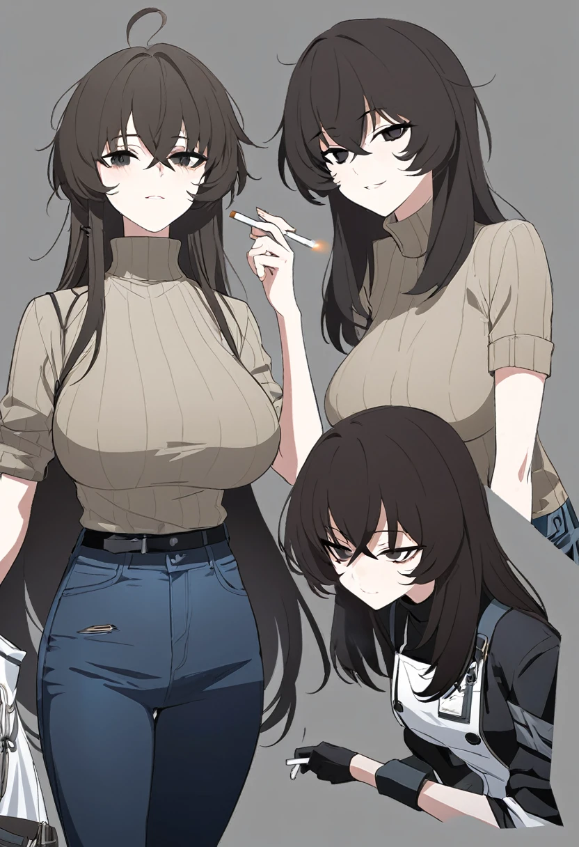 One Woman,Downer,older sister,Concept Art,Dark brown hair,Straight hair with slight inward curls,Staring eyes,Eye Ridge,black eye,Crossed bangs,whole body,smile,Larger breasts,Gray background,Bangs that reach down to the eyes,Messy hair,Perfect dark jeans,Light brown turtleneck sweater,Multiple views of the same character,Character Design,Dark circles under the eyes,Bad look,Listless,Sloppy,accessories,Arknights Wind,Cafe staff,Holding a cigarette,whole bodyCharacter Design,Detailed hands,