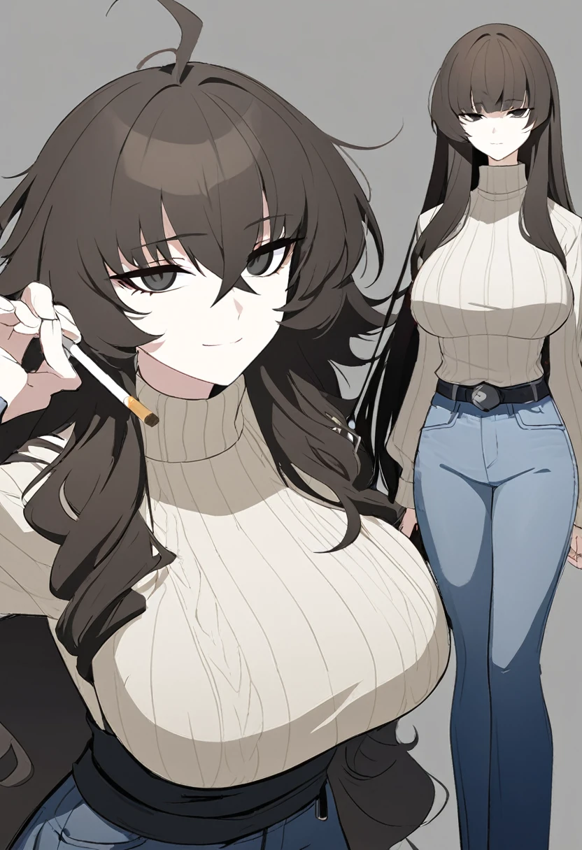 One Woman,Downer,older sister,Concept Art,Dark brown hair,Straight hair with slight inward curls,Staring eyes,Eye Ridge,black eye,Crossed bangs,whole body,smile,Larger breasts,Gray background,Bangs that reach down to the eyes,Messy hair,Perfect dark jeans,Light brown turtleneck sweater,Multiple views of the same character,Character Design,Dark circles under the eyes,Bad look,Listless,Sloppy,accessories,Arknights Wind,Cafe staff,Holding a cigarette,whole bodyCharacter Design,Detailed hands,