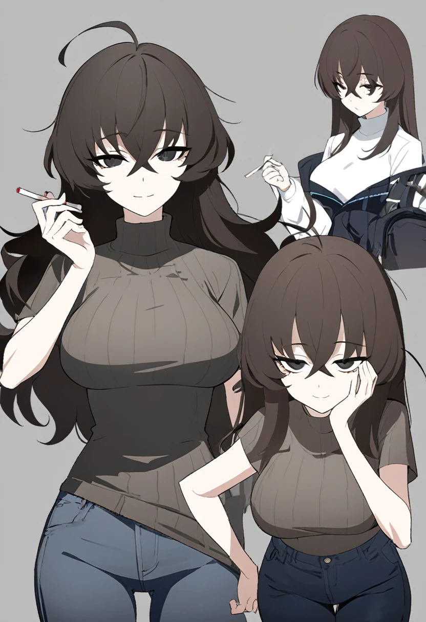 One Woman,Downer,older sister,Concept Art,Dark brown hair,Straight hair with slight inward curls,Staring eyes,Eye Ridge,black eye,Crossed bangs,whole body,smile,Larger breasts,Gray background,Bangs that reach down to the eyes,Messy hair,Perfect dark jeans,Light brown turtleneck sweater,Multiple views of the same character,Character Design,Dark circles under the eyes,Bad look,Listless,Sloppy,accessories,Arknights Wind,Cafe staff,Holding a cigarette,whole bodyCharacter Design,Detailed hands,