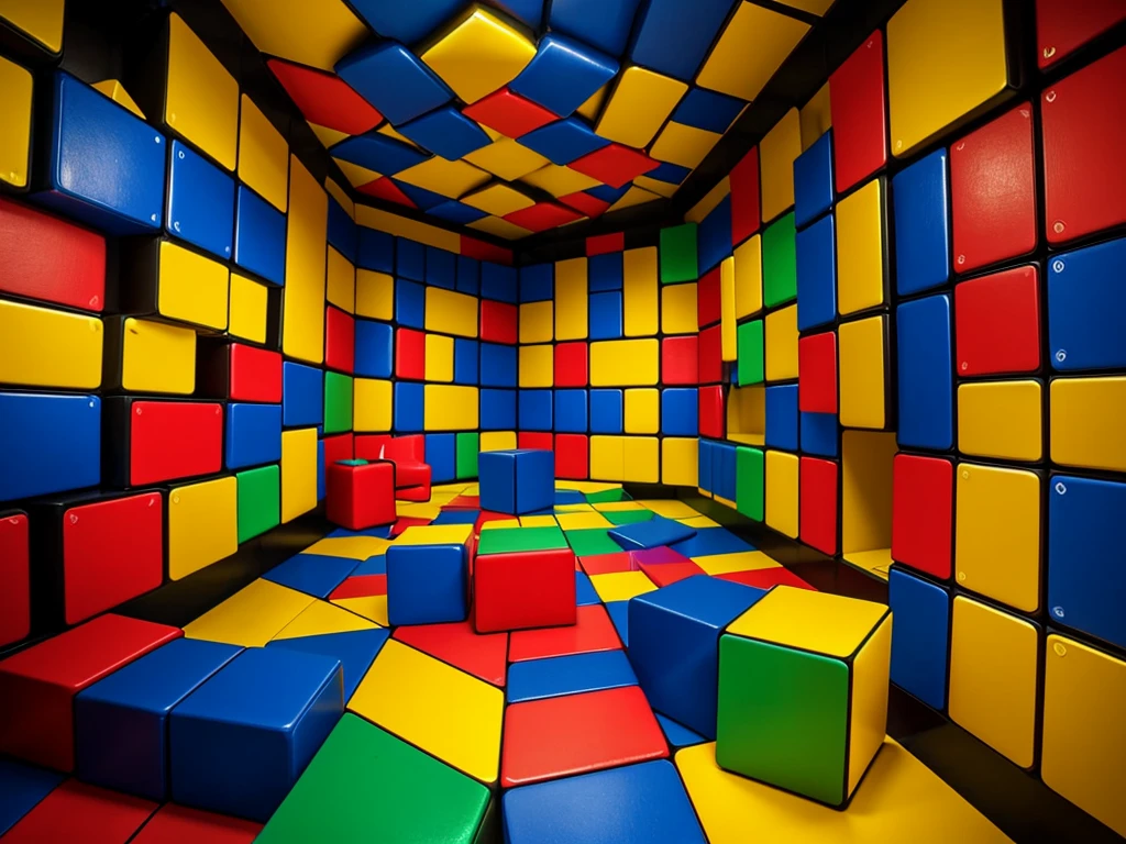 a colorful room with a rubik cube on the floor, puzzle-like room, a rubik's cube, maze like, inspired by Ernő Rubik, entering the mind maze, claustrophobic room, lit. 'the cube', cubic blocks, an escape room in a small, by Alexander Deyneka, by Ernő Rubik