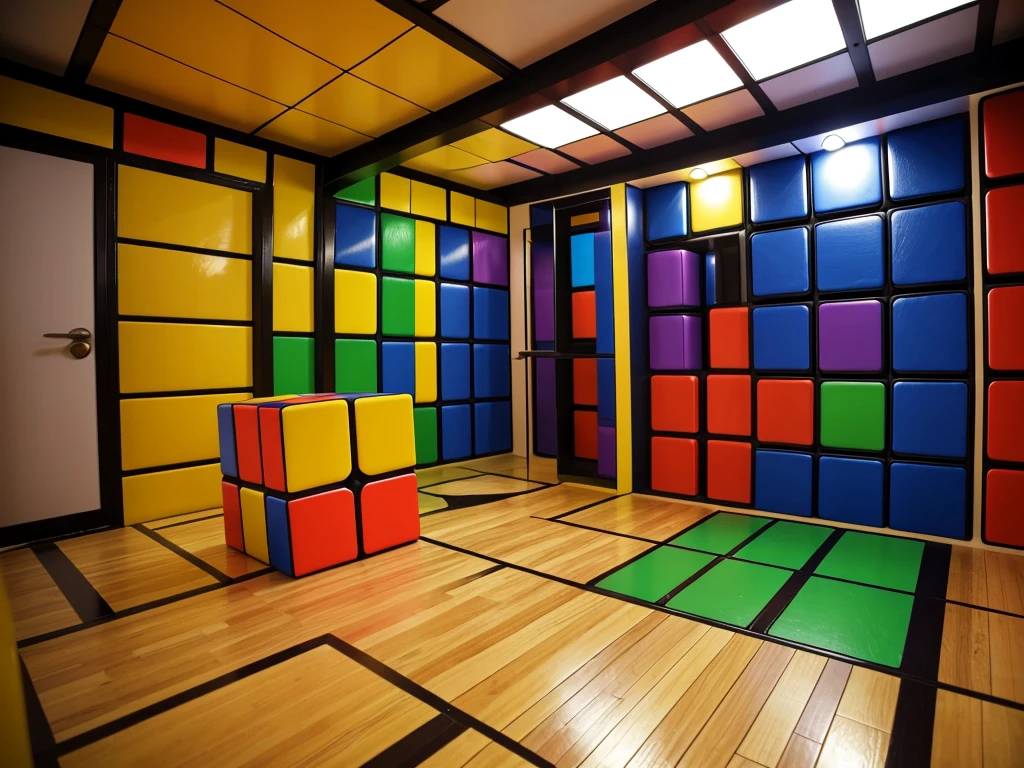 a colorful room with a rubik cube on the floor, puzzle-like room, a rubik's cube, maze like, inspired by Ernő Rubik, entering the mind maze, claustrophobic room, lit. 'the cube', cubic blocks, an escape room in a small, by Alexander Deyneka, by Ernő Rubik