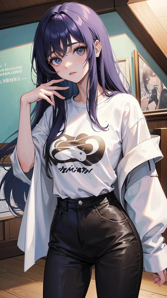 The image is an illustration of an anime style character. El personaje parece ser una joven con cabello azul oscuro y orejas puntiagudas tipo elfo. Su cabello tiene dos mechones estilizados para parecerse a orejas de gato, y tiene grandes ojos expresivos con un rubor en sus mejillas, which is typical in anime depictions to convey excitement or shyness.

He is wearing an oversized white T-shirt with the word "wahever" impresa en ella, along with a small graphic of a creature resembling a sleepy or indifferent sheep. La camiseta es lo suficientemente larga como para cubrir sus pantalones cortos, giving the impression that you are wearing the t-shirt as a dress. Her hands are clasped in front of her, and has a somewhat shy or flirtatious expression on his face.

The pose and expression of the character, combinadas con el estilo de la obra de arte, sugieren una actitud casual, linda y algo coqueta, which is common in anime and manga culture. El fondo de la imagen es blanco liso, enfatizando al personaje sin distracciones.