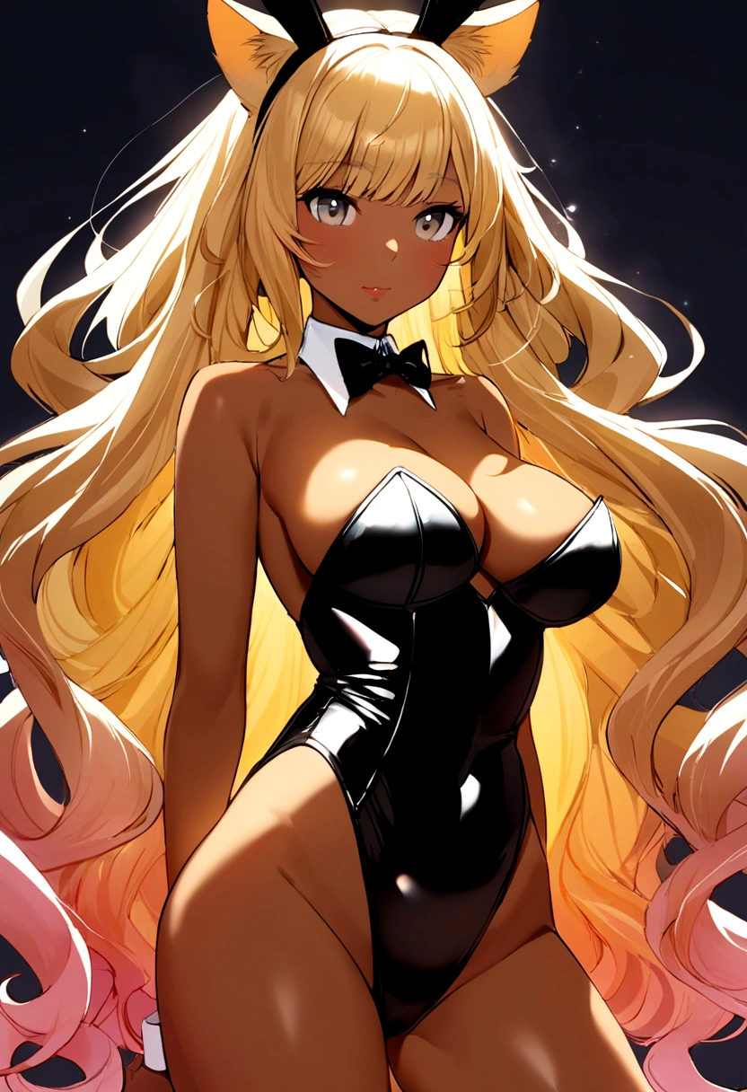 1WOMAN, Solo, One pretty black woman with light, tan skin. Large breasts. Honey blonde hair with honey blonde cat ears. Sexy, grey eyes with hearts in them. Flowy Blonde hair with bangs, while in a playboy bunny costume. She has big pink, juicy, lips. Her hair is flowing behind her. The background is a light pink, cloudy background.