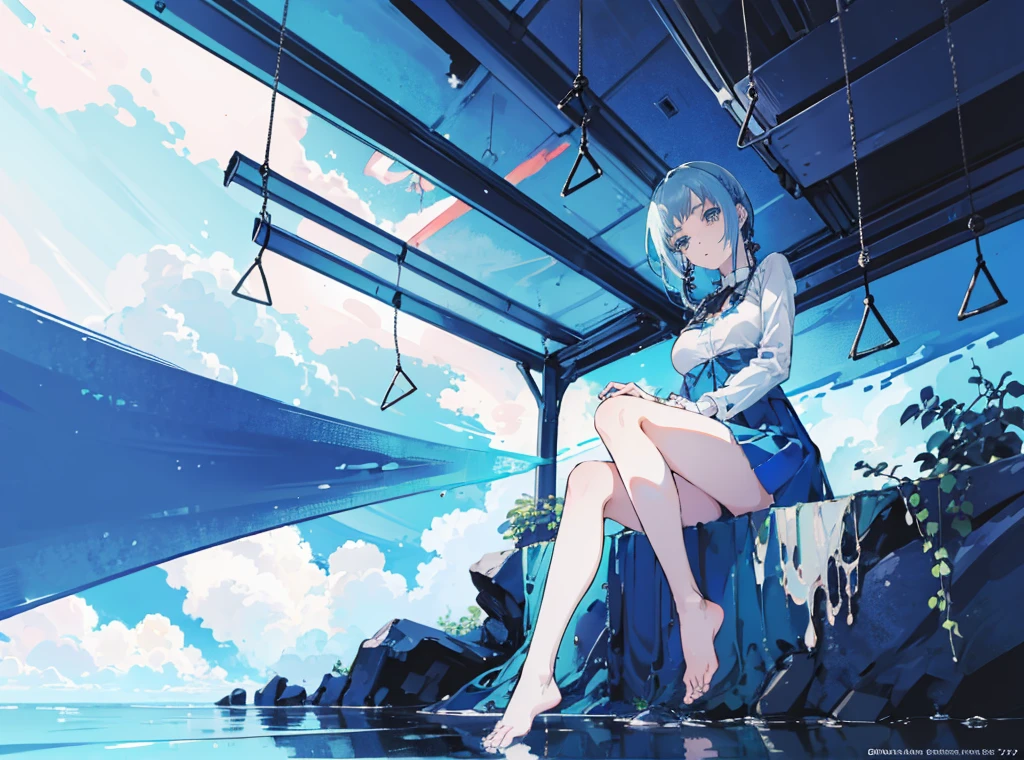 (muste piece), (best quality), very detailed, 1 girl, perfect face, (solo full body shot:1.3), very detailed顔,(Blue-haired ),(blue eyes:1.4) Pose lying in water, Sitting pose on a rock, feet in the water pose, perfect blue water ripples