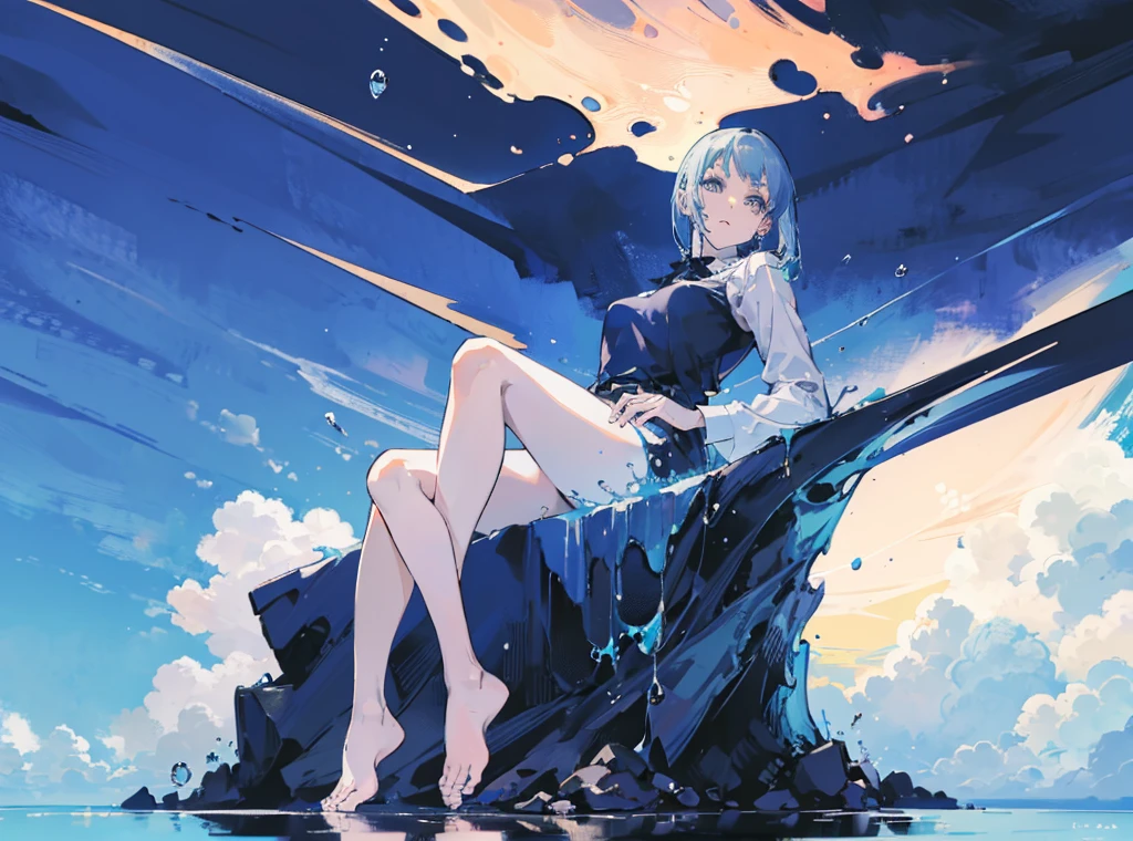 (muste piece), (best quality), very detailed, 1 girl, perfect face, (solo full body shot:1.3), very detailed顔,(Blue-haired ),(blue eyes:1.4) Pose lying in water, Sitting pose on a rock, feet in the water pose, perfect blue water ripples, The sky is blue, the feet are perfect in the water, the face is clear