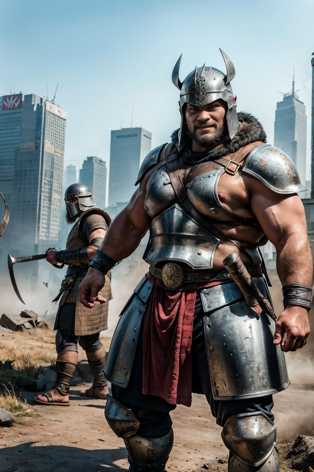 looking at us, shoot from front, face focus, Bandit, Fat ferocious barbarian:2, This barbarian is a robust stocky Japanese, smirking, mid combat, intense battle scene, leather and iron armor, armored short skirt, holding a Viking War Axes, viking helmet, legs exposed from thighs to feet, fierce warriors, ancient battlefields, epic showdown, battleground background, masterpiece, volumetric lighting, Dramatic, Uighur the Warden, breathtaking action, dynamic poses, bald, ((ultra sharp)), ((masterpiece)), ((best quality)), ((ultra detailed)), ((intricate details)), Inguinal region detailed, Dilapidated, breathtaking action, destroyed city after big air raids, A desolate, post-apocalyptic cityscape, A brutal scene, lets out a yell, casting an ominous shadow,