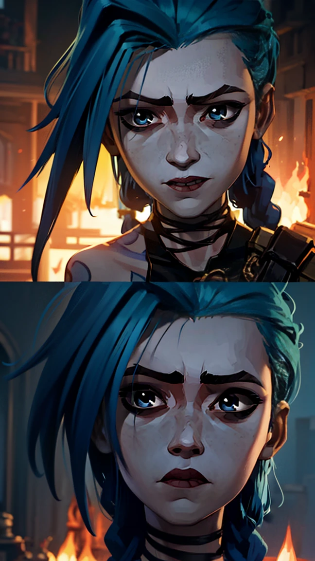 (masterpiece, Best quality), 1 Girl, portrait, very sexy, crazy look, smile, crying, pink tears, tears on the cheeks, tears from eyes, full length (full body 1.1.), очень feminine, fighting stance, battle, fire, explosions, burning city, beautiful waist, gloomy composition, flame, fire, Flash, very beautiful, feminine, long hair, hair braided in long braids, very sexy, tight leather pants, emphasis on the eyes, face accent, Beautiful face, Hands, Hair, Haired ponytail, red purple eyes, Джинкс crying, Blue cloud tattoo, (masterpiece, Best quality), Side lighting, beautiful detailed eyes, crazy face), (Best quality), (masterpiece), magic photography, Spectacular lighting, Photorealism, ultra detailed, интимная portraitная композиция, 1. 4,8K UHD, aesthetic, Cd., a high resolution, 8K, better lighting, Best shade, Ultra-HD, a high resolution, sharp focus, complex background, cinematic lighting, ((Landscape view)), 4K block, (better lighting), ((cinematic lighting)),