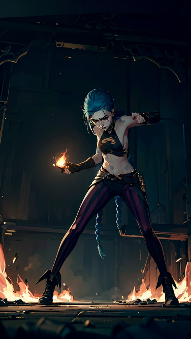 ((Best quality)), ((masterpiece)), (highly detailed:1.3), 3D, arcane style,In the dark and courageous dystopian city of Piltover, plagued by violence and divided into two opposing factions, a young prodigy named Jinx emerges. Having endured unimaginable loss and abandonment, she embraced a life of chaos and destruction. Known for her inventive and explosive abilities, Jinx becomes an icon of rebellion against the oppressive forces that control the city. However, haunted by guilt and battling inner demons, she must confront her past and decide whether to continue on the path of anarchy or seek redemption amid the turmoil. Explore Jinx's journey as she navigates a treacherous world, fighting for survival, unlocking secrets, and discovering the true meaning of her twisted existence, chaos reigns supreme, and at the center of it all is Jinx, the embodiment of unpredictability. Delve deep into Jinx's twisted mind, exploring the origins of his madness and the driving force behind his destructive nature. Unravel the moments that shaped her into the crazed, iconic character we know. Take us on a wild journey through the vibrant streets of Piltover and the shadowy suburb of Zaun as Jinx wreaks havoc with his explosive arsenal. Can redemption find its way into Jinx's fractured soul? Or will she dance forever on the edge of sanity, embracing the chaos that fuels her very existence? Arcane's fate hangs in the balance as Jinx's path intertwines with unlikely allies and formidable enemies. Ignite your imagination and paint a vivid portrait of Jinx's distorted psyche, capturing the essence of her madness and the indomitable spirit that defines it, HDR (High Dynamic Range), Ray Tracing, NVIDIA RTX, Super-Resolution, Unreal 5, Subsurface Scattering, PBR Texturing, Post-processing, Anisotropic Filtering, Depth of Field, Maximum Clarity and Sharpness, Multit Textures