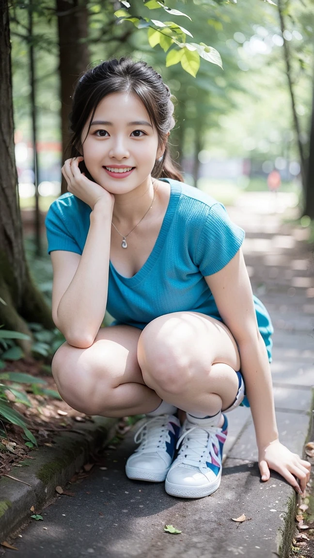 masterpiece, best quality, Surreal, Ultra Detailed, 8k resolution, RAW photos, Clear focus, (A girl in the forest),Asian woman in a blue top and white shorts posing for a photo, Full body posture, Solitary, Perfect body, Become a, 32 inches in the chest,(a charming smile:1), (sexy pose)，26 years old, light,White shoes，Nozomi Takemura, Yasumoto Oka, Chiho, Ogata Aoi, Motto Cave, Yoshitomo Nara, Kakinuchi Megumi, Harumi, Kojima De Ami, Beichuan Marin