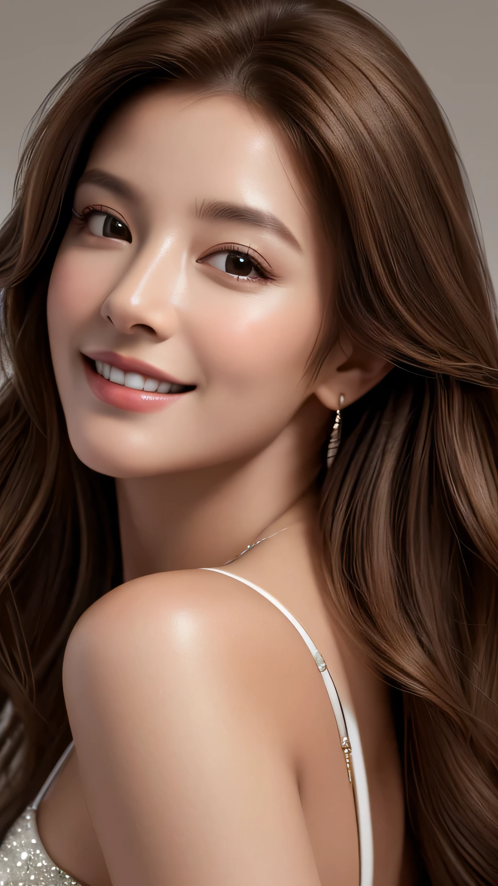 masterpiece, highest quality, Realistic, Super detailed, In detail, High resolution, 8k wallpaper, 1. Beautiful Women, Light brown hair, Sharp focus, Perfect dynamic composition, Beautiful fine details, Fine hair, Detailed and realistic skin texture, smile, Portraiture, Model Body Type, 