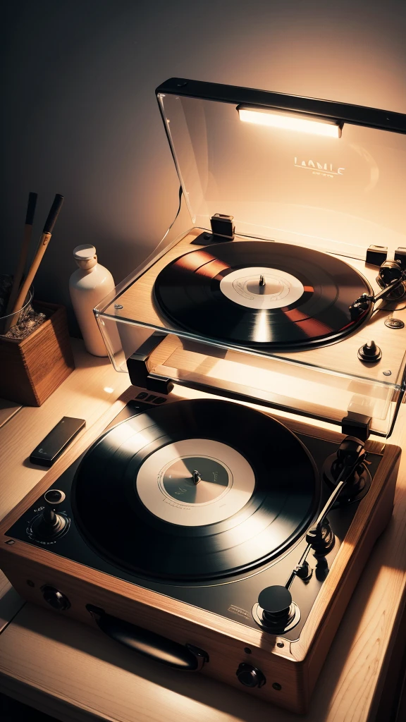 Music is playing, Vinyl record player, night, The feeling of atmosphere, Dim Lights
