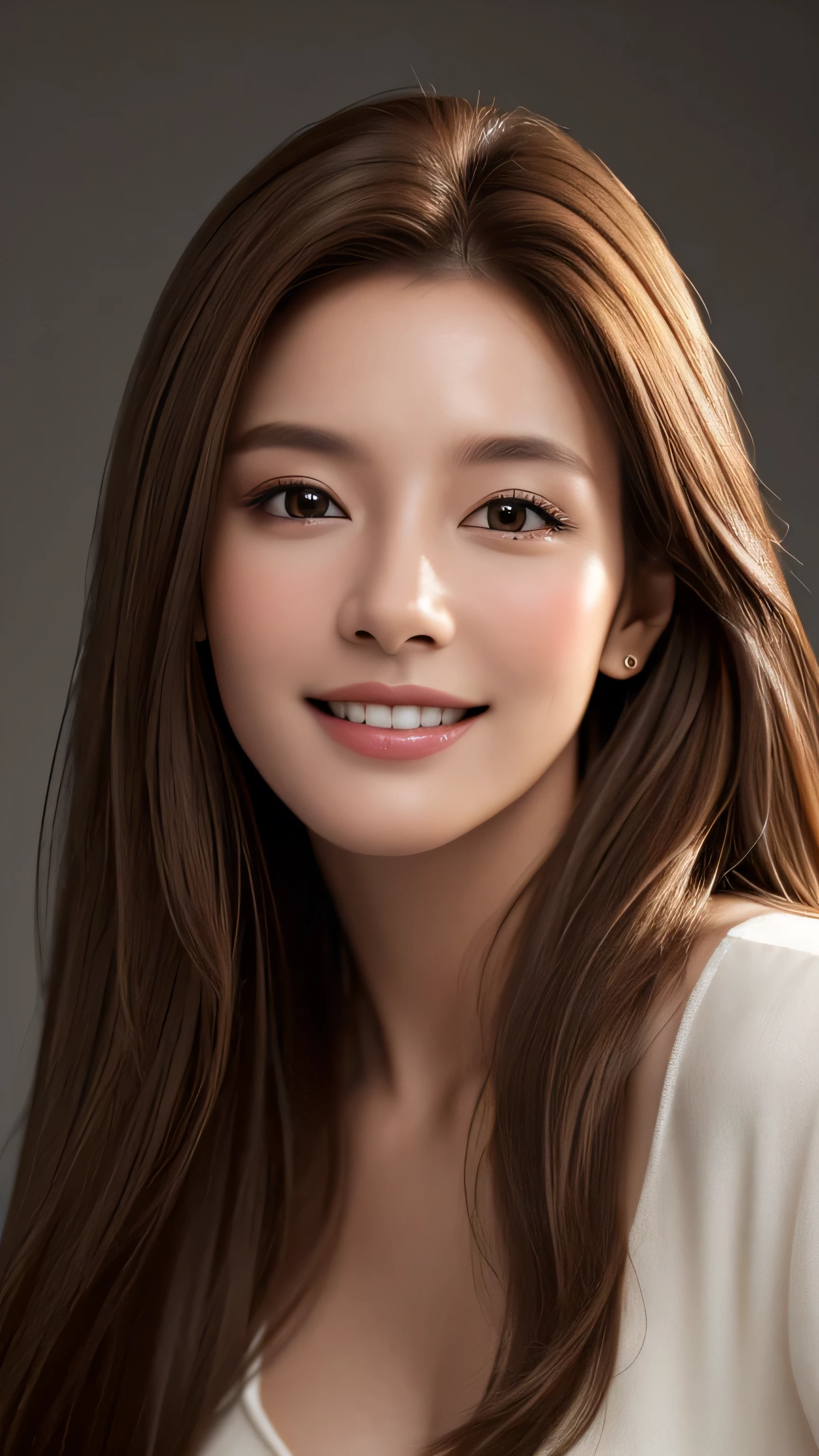 masterpiece, highest quality, Realistic, Super detailed, In detail, High resolution, 8k wallpaper, 1. Beautiful Women, Light brown hair, Sharp focus, Perfect dynamic composition, Beautiful fine details, Fine hair, Detailed and realistic skin texture, smile, Portraiture, Model Body Type,