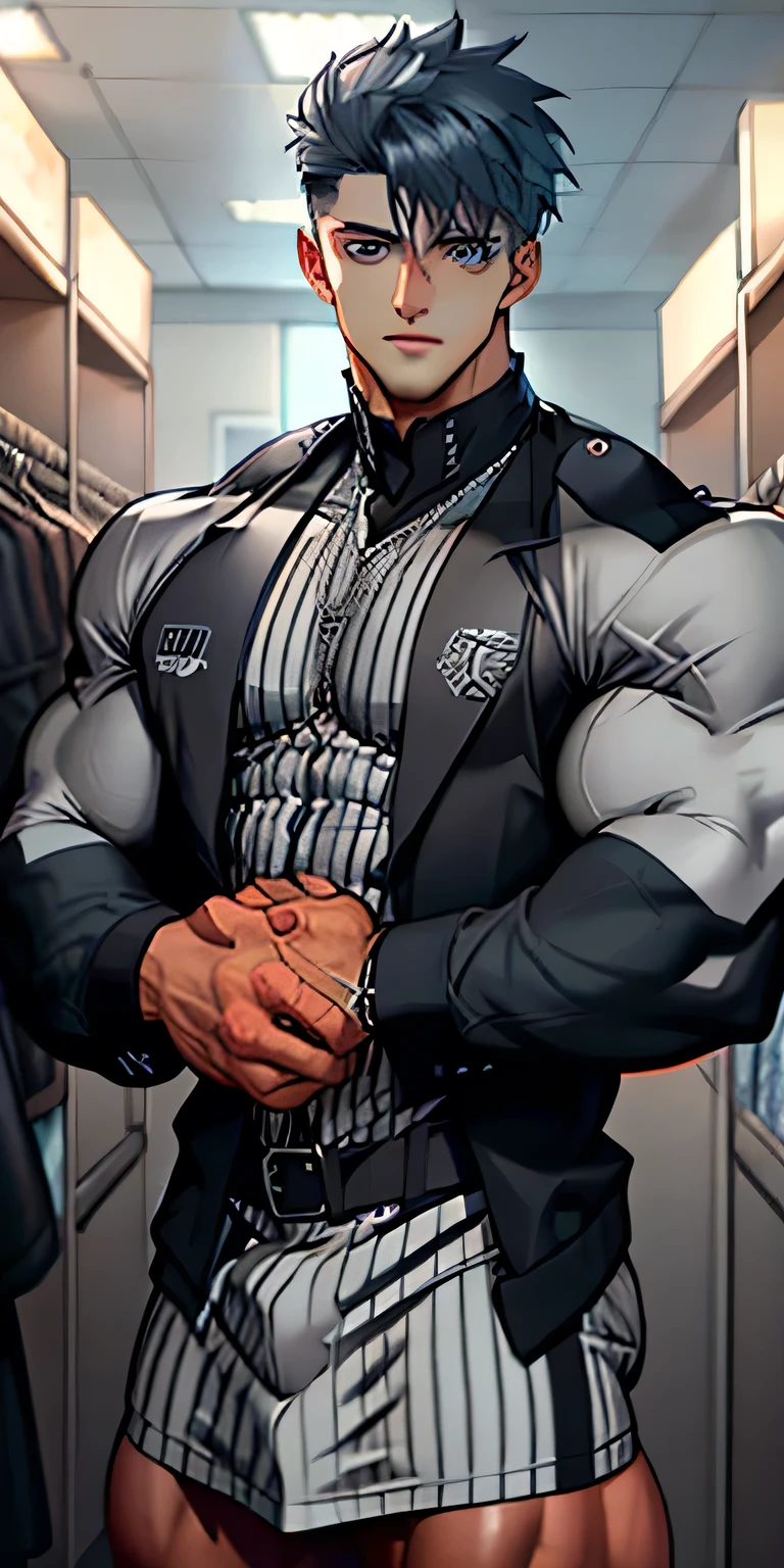 (masterpiece, best quality), 2 boy, young man,musculous, short blue striped hair, Dark gray eyes, complex, (dress room), full bodyesbian, White baseball uniform, Open silver jacket, Pectoralis abdominal muscles,vivd colour,(depth of fields:1.2),(abs),,looking at viewert,A piano