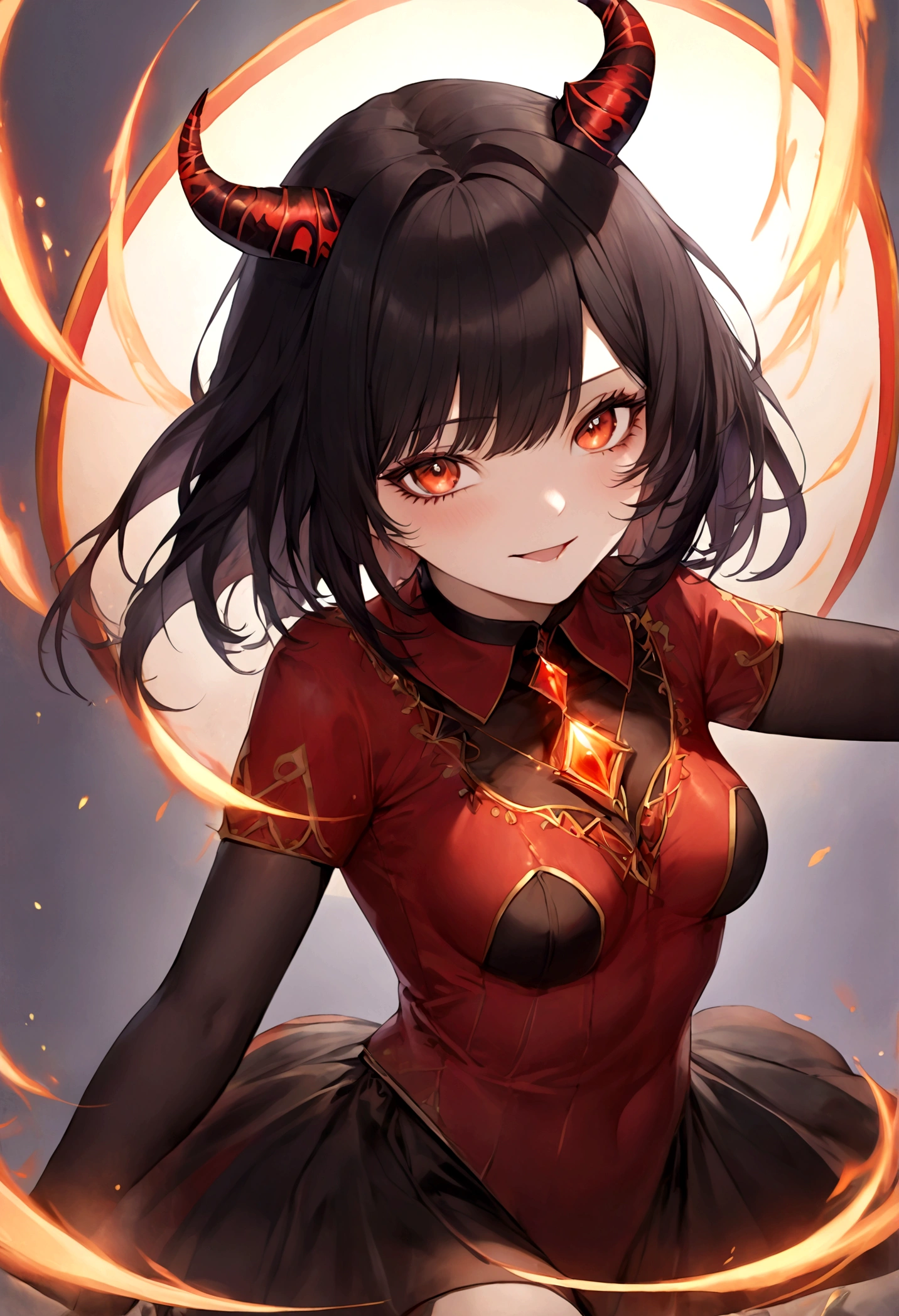 Generate a female adult Demon with red and black clothing, that looks to be at least 30 years old. She should have long black hair and be dancing in some kind of Circus or Arena while performing tricks with fire. Her Skin should be pale and she should have red markings beneath her eyes. The Artwork should follow the Style of Magic the Gathering Artworks. She should look a bit psychotic and laughing. Also make it SFW