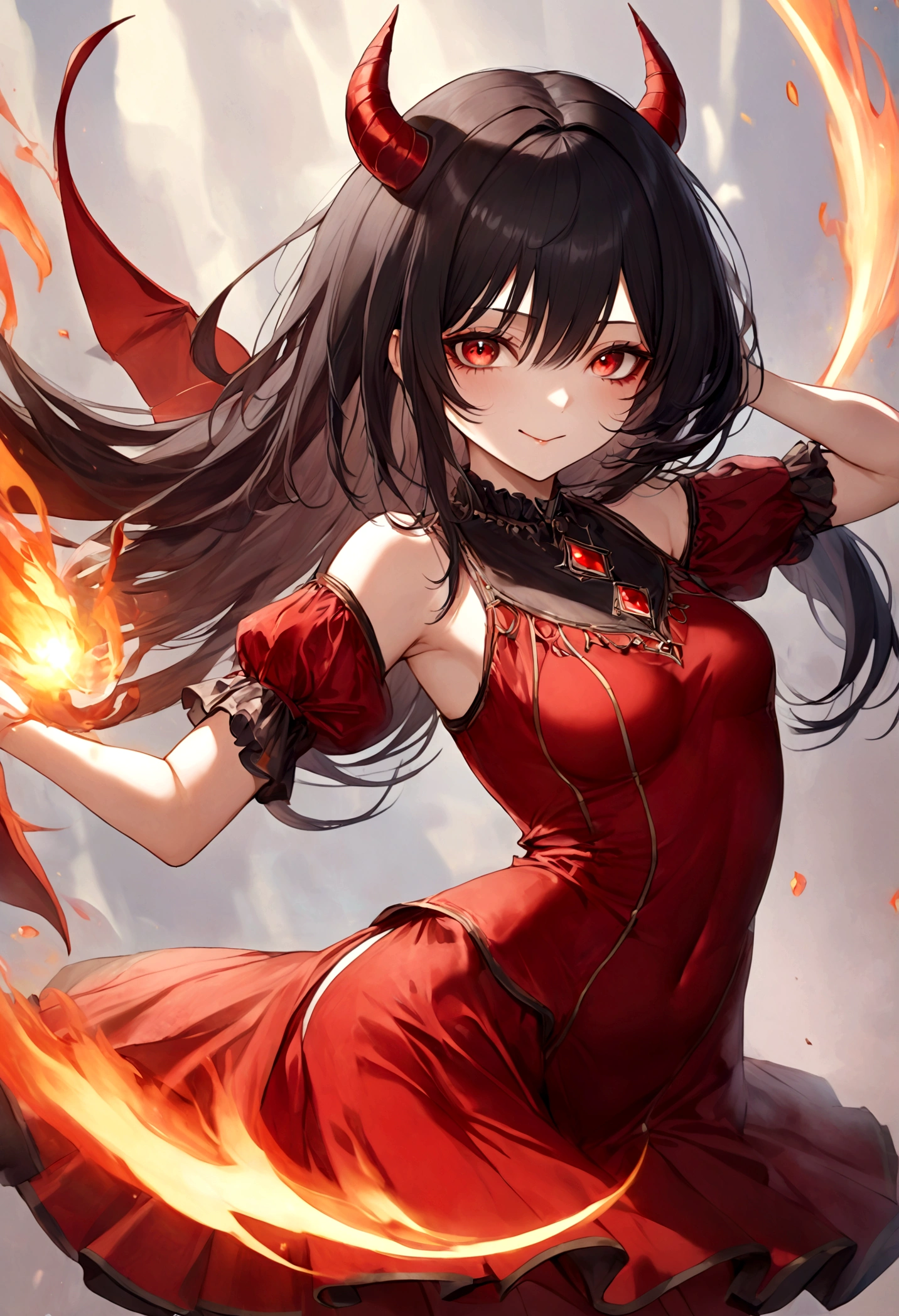 Generate a female adult Demon with red and black clothing. She should have long black hair and be dancing in some kind of Circus or Arena while performing tricks with fire. Her Skin should be pale and she should have red markings beneath her eyes. The Artwork should follow the Style of Magic the Gathering Artworks. She should look a bit psychotic and laughing. Also make it SFW