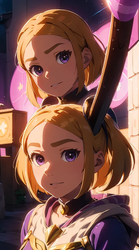 1womanl,Golden hair,12year old ,((Impatient expression)),magical girl purple and pink ,aura focus on face , smiling, purple eyes,