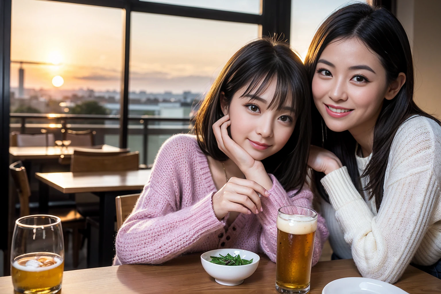 ((highest quality、8k、masterpiece:1.3))、 (Real, Genuine、Face carefully、Bright image、Intricate details:1.2), 最高のsmile、1 male, 1 female、Beautiful couple、Lovers、Japanese couple、A gentle lover、actress、model、smile、full-course dinner、 (Slim face), (the body is slim), (Brown Hair), (short hair), Wine glasses on the table、Please put light on my face、 Amazing view of the sunset sky and clouds、 (42 years old), 39 years old, Pink long sweater: 1.1, Super Fine Face, Delicate eyes, double eyelid, Japanese sake,Junmai Ginjo,Sake Glass, Shochu、Beer